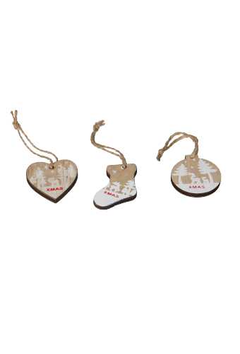 [K1340671] Decoratie Hanger Houten Hartjes Sok Kerstbal & Koord 4.5cm 9 stuks