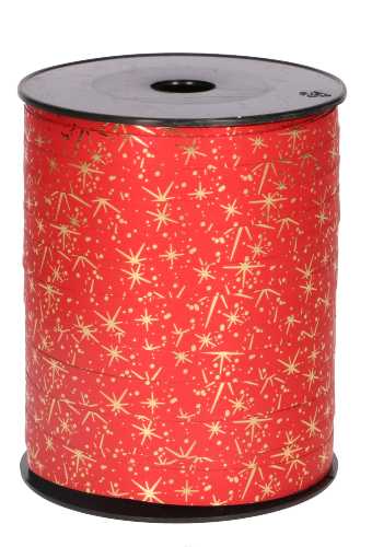 [K1010329] Kerst Krullint Rood Mat Met Gouden Sterren Regen 10mm x 250 meter