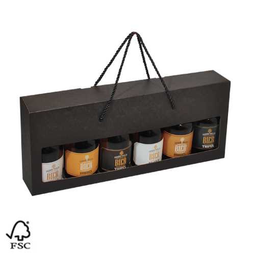[1180108] Bierverpakking Zwart Dikbuik 6 Flesjes & Koord FSC® 50stuks