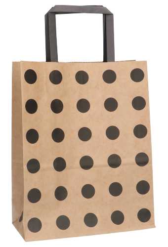 [K1120250] Papieren Draagtas Nature Kraft & Black Dots 26.5x13.5x32.5cm 12stuks