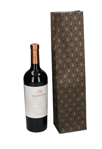 [K1170635] Luxe Wijnzak Met Blokbodem Zwart Mat Biloba Goud 10x8x41cm 50stuks