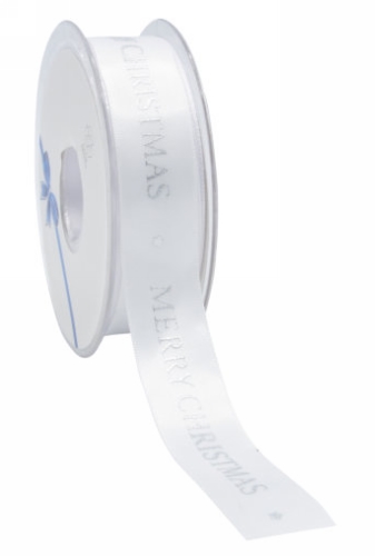 [K1391040] Kerstlint Satijn Lint Merry Christmas Wit & Zilver 23mm x 25meter