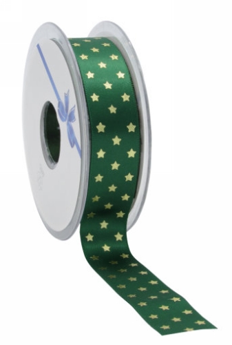 [K1391047] Kerstlint Satijn Lint Twinkling Stars Groen & Goud 23mm x 25meter