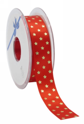 [K1391048] Kerstlint Satijn Lint Twinkling Stars Rood & Goud 23mm x 25meter