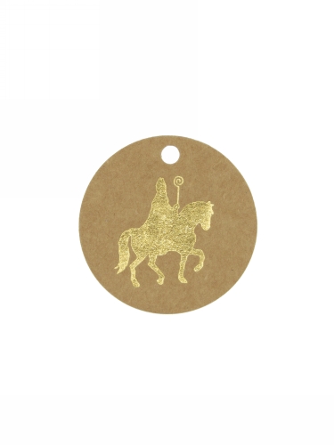 [K1020400] Kadokaartje Sinterklaas op Paard Kraft & Goud 5cm Naturel Blanco 50st