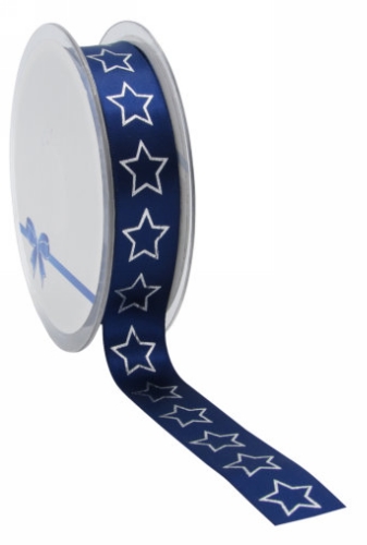 [K1391036] Kesrtlint Satijn Lint Christmas Stars Blauw & Zilver 23mm x 25meter