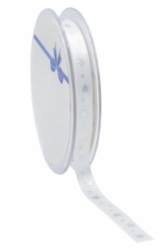 [K1391050] Satijn Lint Wit Met Zilveren Sterren 10mm x 25meter