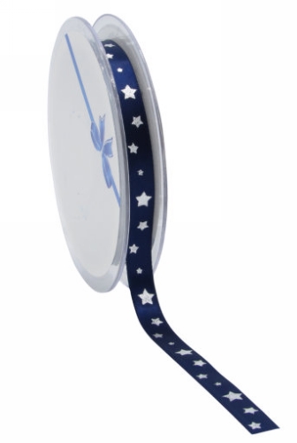 [K1391053] Satijn Lint Blauw Met Zilveren Sterren 10mm x 25meter