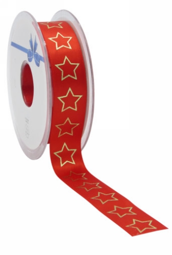 [K1391035] Kerstlint Satijn Lint Christmas Stars Rood & Goud 23mm x 25meter
