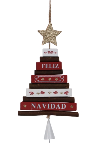 [K1340723] Decoratie Hanger Houten Merry Christmas Tree and Bells 12x22cm 1st