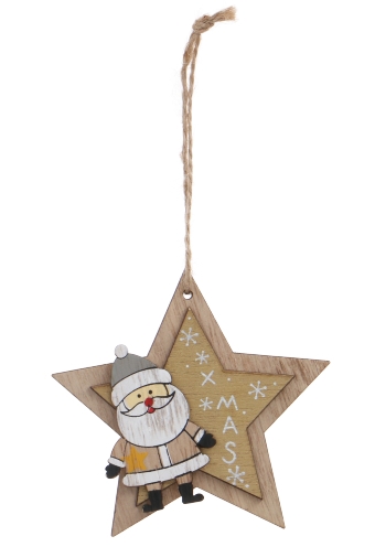 [K1340710] Decoratie Hanger Houten Star and Santa Xmas Gold & Koord 9.5cm 1 stuks
