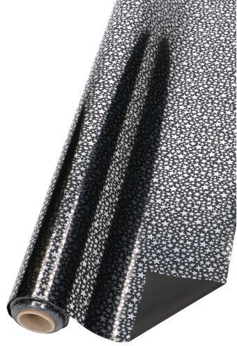 [K1080120] Cadeaufolie Zwart & Metallic Silver Stars Rain 70x50meter