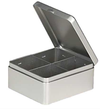 [1150121] Blikken Blanco Thee met 4 vakjes 15.5x13.5x7cm 12stuks