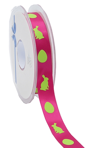 [K1391130] Kadolint Satijn Fuchsia Haasje Eitjes Groen 15mm x 25meter