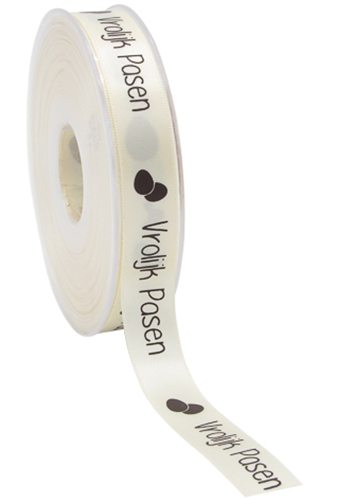 [K1391124] Kadolint Satijn Creme Vrolijk Pasen Eitjes Bruin 15mm x 25meter