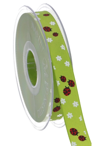 [K1391114] Satijn Kadolinten Groen Lieveheersbeestje 15mm x 20meter