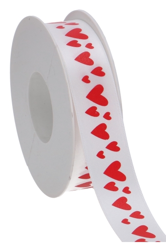 [K1390942] Satijn Kadolint Wit en Rode Hartjes 25mm x 25meter
