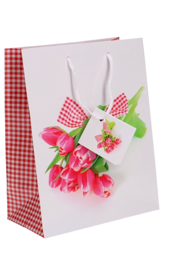 [K1110756] Kadotasjes Bloemen Medium Bosje Roze Tulpen 18x10x23cm 12stuks