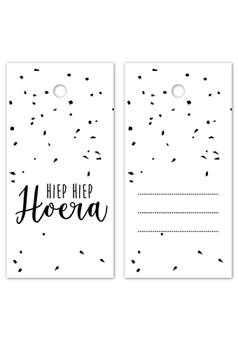 [K1020416] Kadokaartje Hiep Hiep Hoera Spikkels Wit Zwart 8x4cm 100stuks
