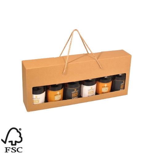 [1180122] Bierverpakking Kraft 6 flesjes Met Koord Bier Dikbuik FSC® 50stuks