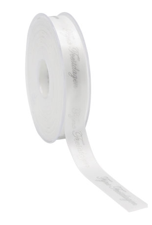 [K1391174] Kadolint Satijn Lint Fijne Feestdagen Wit & Zilver 15mm x 25 meter