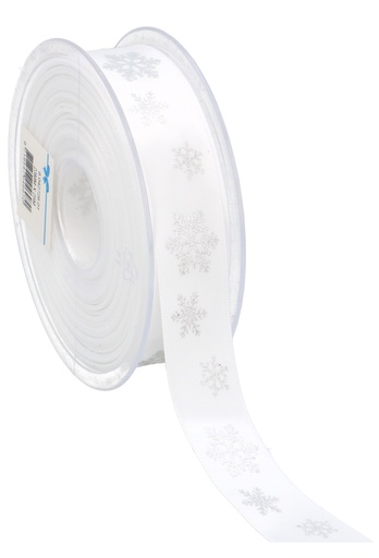 [K1391179] Kerstlint Satijn Lint snowflakes Wit & Zilver 23mm x 25meter