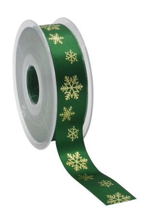 [K1391181] Kerstlint Satijn Lint snowflakes Groen & Goud 23mm x 25meter
