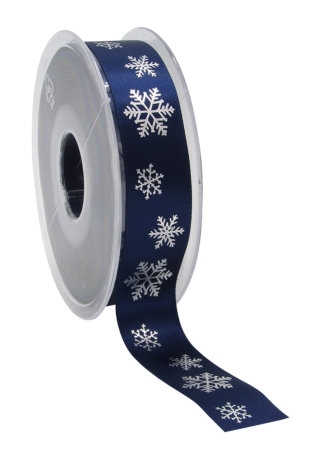 [K1391183] Kerstlint Satijn Lint snowflakes Blauw & Zilver 23mm x 25meter
