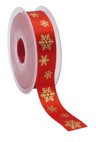 [K1391182] Kerstlint Satijn Lint snowflakes Rood & Goud 23mm x 25meter