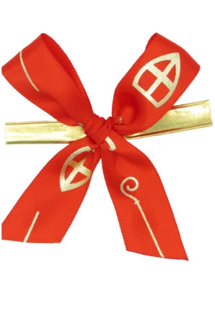 [K1420281] Strikje Satijn Sinterklaas Mijter & Staf Met Clip 6x6cm 250stuks