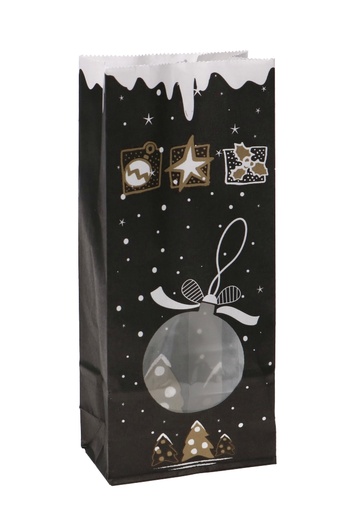 [K1240233] Blokbodemzakjes Kraft & Venster Kerstbal Zwart 9x5x20.5cm 100stuks