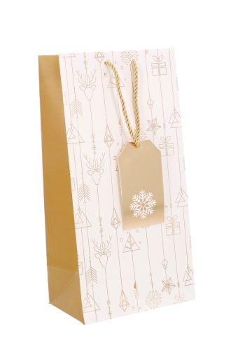 [K1171215] Kerst Wijntasjes 2 Flessen Kerstmis Wit Goud 18x9x36cm 10stuks