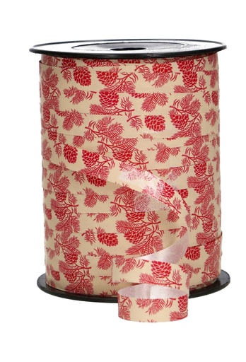 [K1010387] Kerst Krullint Kraft Dennenappeltjes & Tak Rood 10mm x 250m  OP IS OP