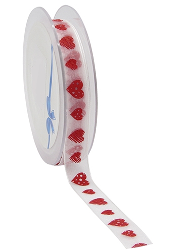 [K13901231] Organza Lint Wit En Rood Hearts 15mm x 25 meter