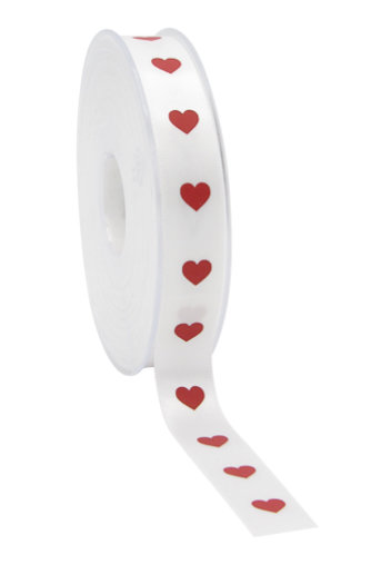 [K1391239] Luxe Satijn Lint Wit Met Rode Hartjes 15mm x 25meter