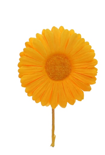 [K1340811] Kado Decoratie Gerbera Bloem Donker Geel & IJzerdraad 6.5x10cm 12stuks