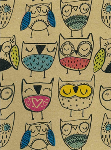 [180090-70] Kraftpapier Bruin recycled happy owl multicolor 70cm x 200meter