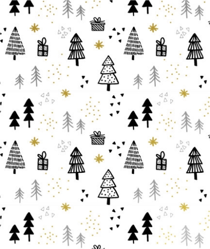 [180106-50] Kerstpapier Metallic pines & presents black & gold 50cm x 200meter
