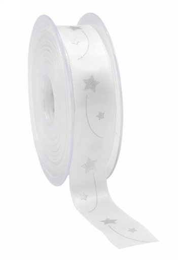 [K1391281] Kerstlint Satijn Lint Christmas Sterren Wit & Zilver 23mm x 25meter
