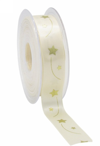 [K1391282] Kerstlint Satijn Lint Christmas Sterren Creme & Goud 23mm x 25meter