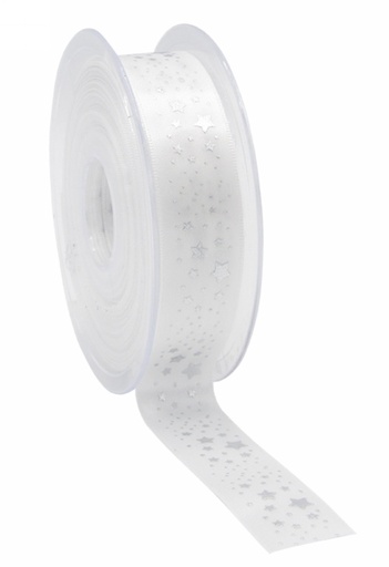 [K1391276] Kerstlint Satijn Lint Christmas Stars Rain Wit & Zilver 23mm x 25meter