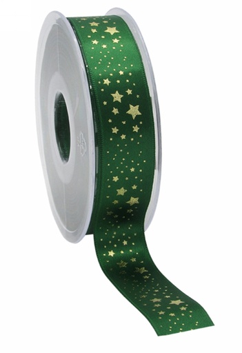 [K1391278] Kerstlint Satijn Lint Christmas Stars Rain Groen Goud 23mm x 25meter