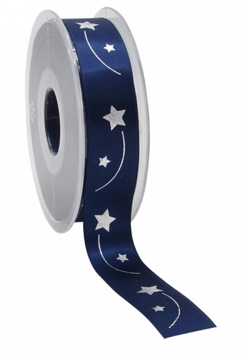 [K1391285] Kerstlint Satijn Lint Christmas Sterren Blauw & Zilver 23mm x 25meter
