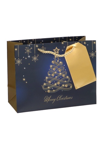 [K1330166] Kersttasjes Medium Christmas Blue Tree Gold 23x10x17.5cm 10stuks