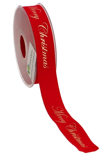 [K1391290] Kerstlint Dubbel Velvet Rood Merry Christmas Goud 25mm x 10 meter