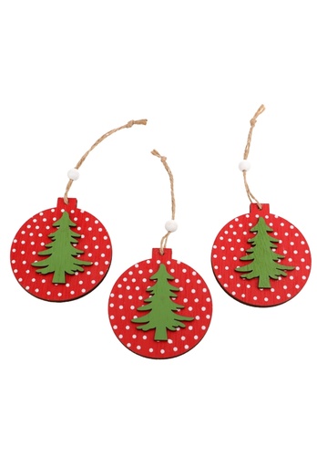 [K1340835] Decoratie Hanger Houten Kerstbal Rood Wit boom & Koord 7.2cm 3stuks