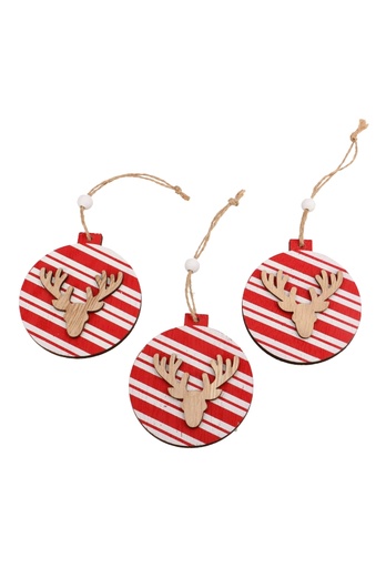 [K1340834] Decoratie Hanger Houten Kerstbal Rood Wit Hert & Koord 7.2cm 3stuks