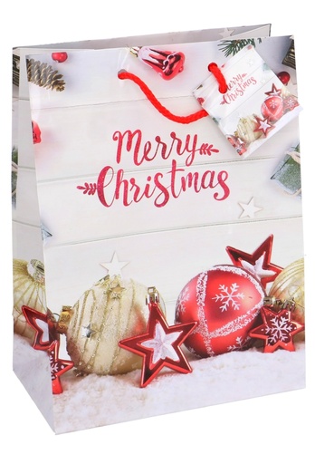 [K1330039] Kersttasjes Medium Merry Christmas Bal & Ster 18x10x23cm 12 stuks