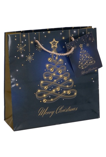 [K1330256] Kersttasjes Vierkant Christmas Blue Tree Gold 17x6x17cm 12stuks