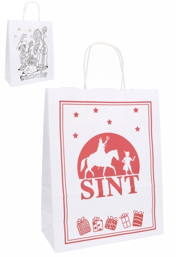 [K1220263] Papieren Draagtas & Handvat Sint & Kleurplaat Wit 24x11x31cm 10stuks